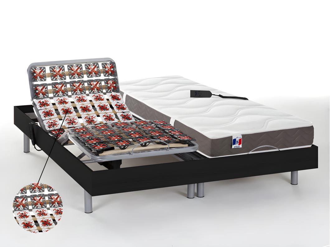 Lit électrique de relaxation tout plots + matelas 100% latex 3 zones - 2 x 90 x 200 cm - Noir - JUPITER de DREAMEA