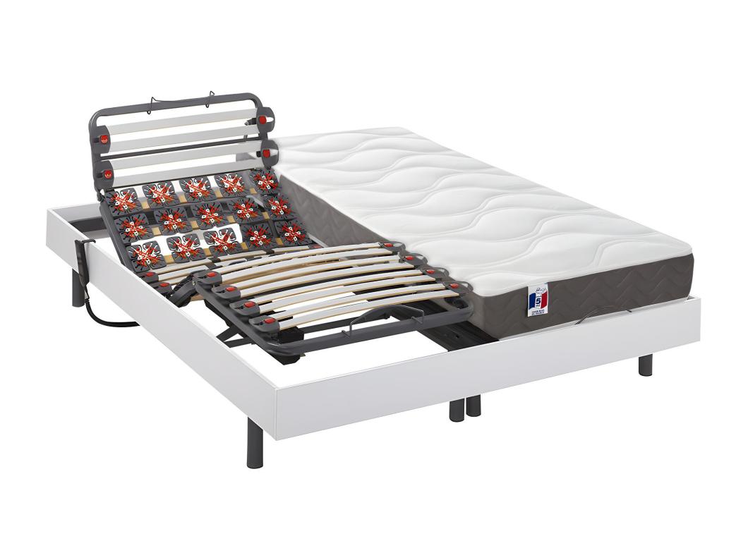 Lit électrique de relaxation lattes et plots + matelas 100% latex 3 zones - 2 x 90 x 200 cm - Blanc - MENELAS de DREAMEA