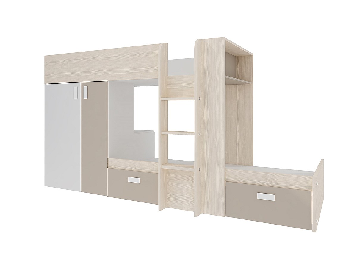 Etagenbett mit Kleiderschrank JULIEN - 2 x 90 x 190 cm - Weiß & Taupe