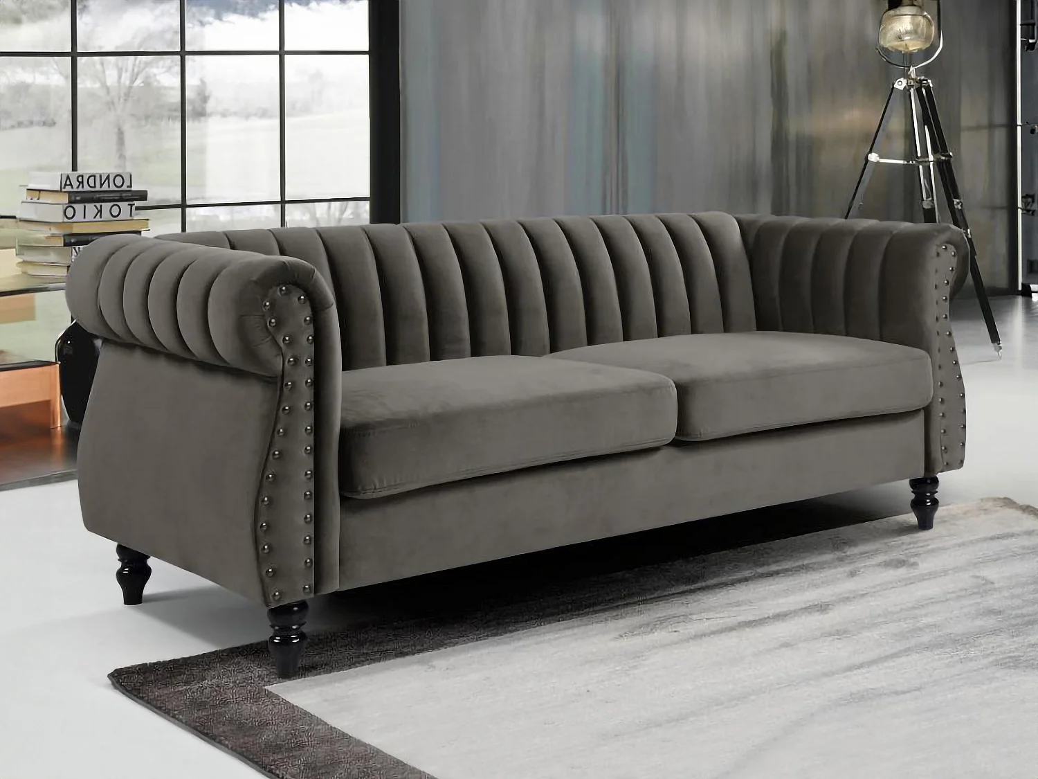 Sofá chesterfield de 3 plazas de terciopelo TRUMBO - Antracita