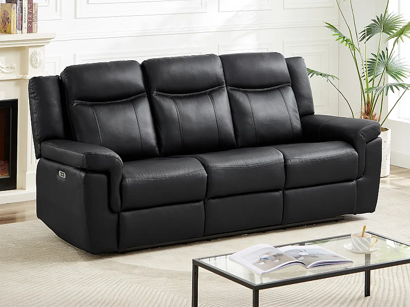 Canapé 3 places relax électrique en cuir avec tablette noir KENNETH