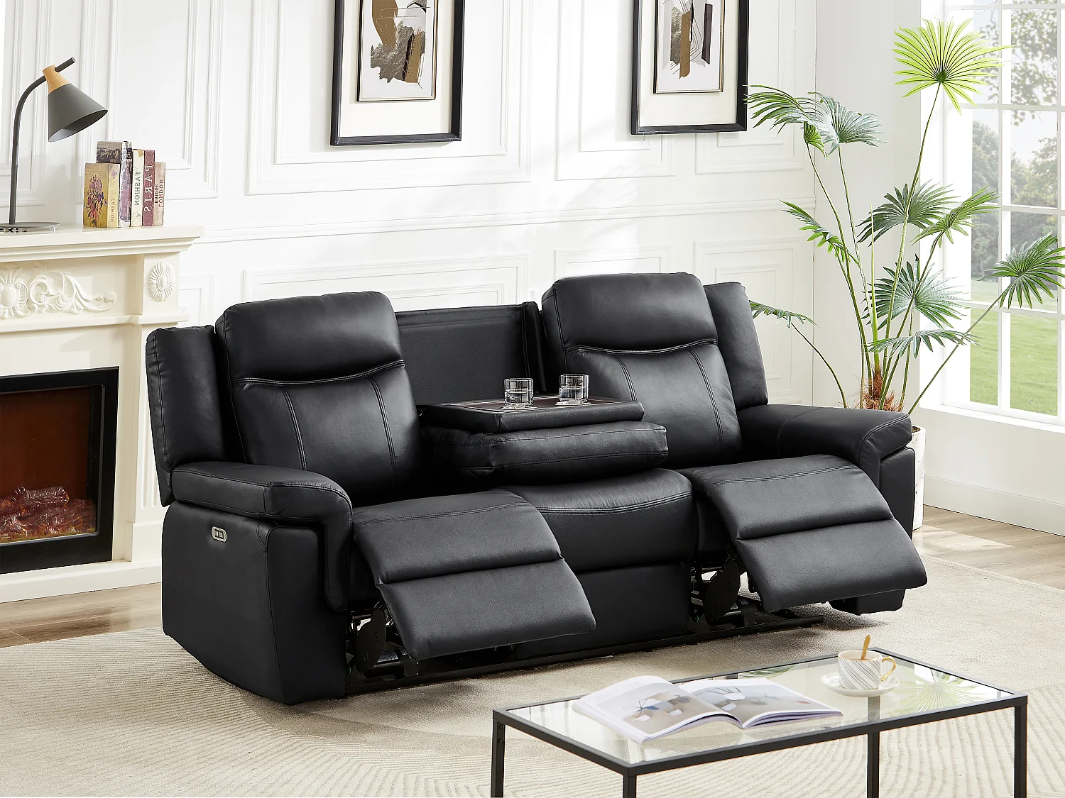 Divano relax elettrico 3 posti in Pelle con ripiano Nero - KENNETH