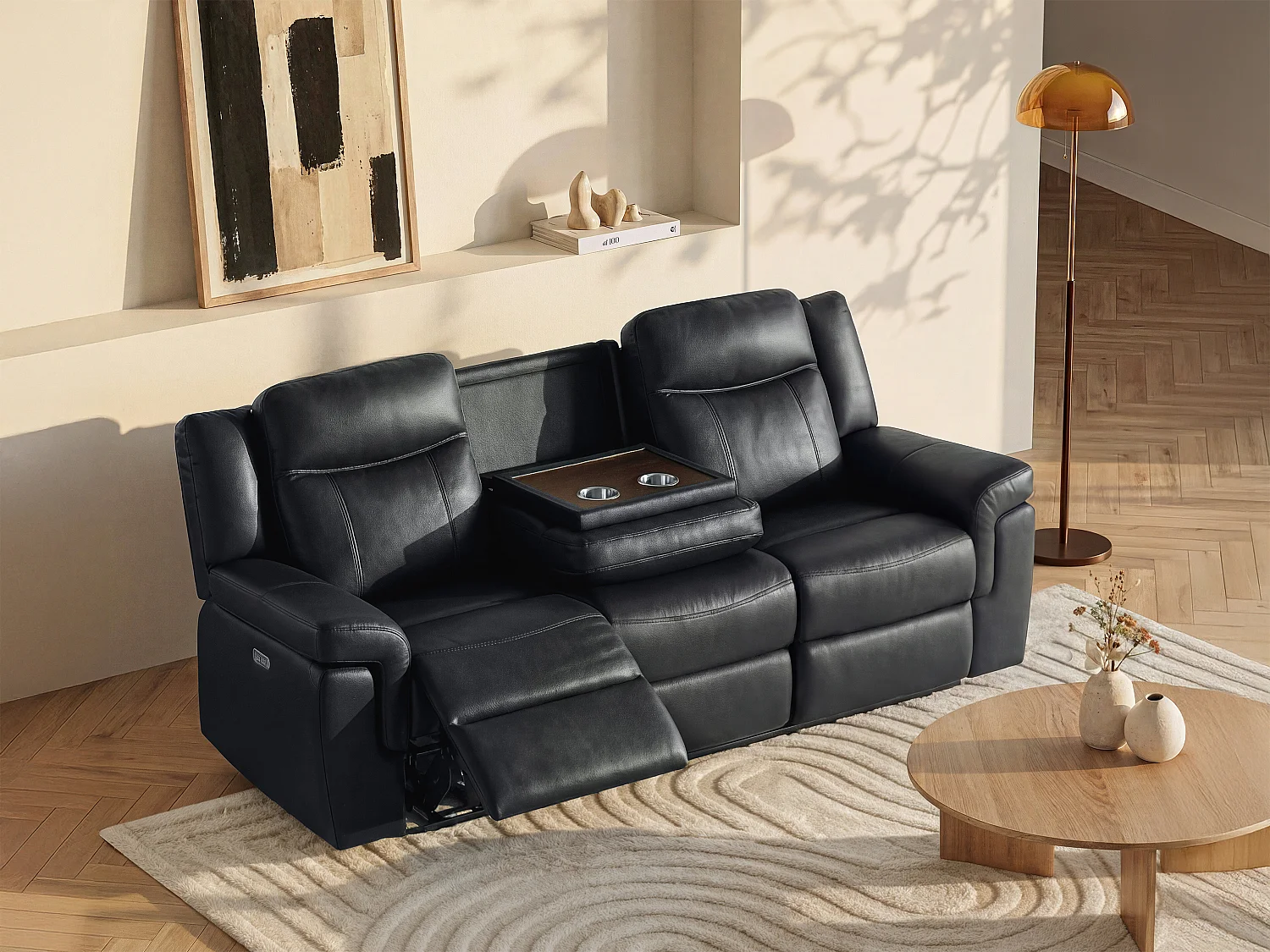 3-sits elreclinersoffa i svart läder med bord KENNETH