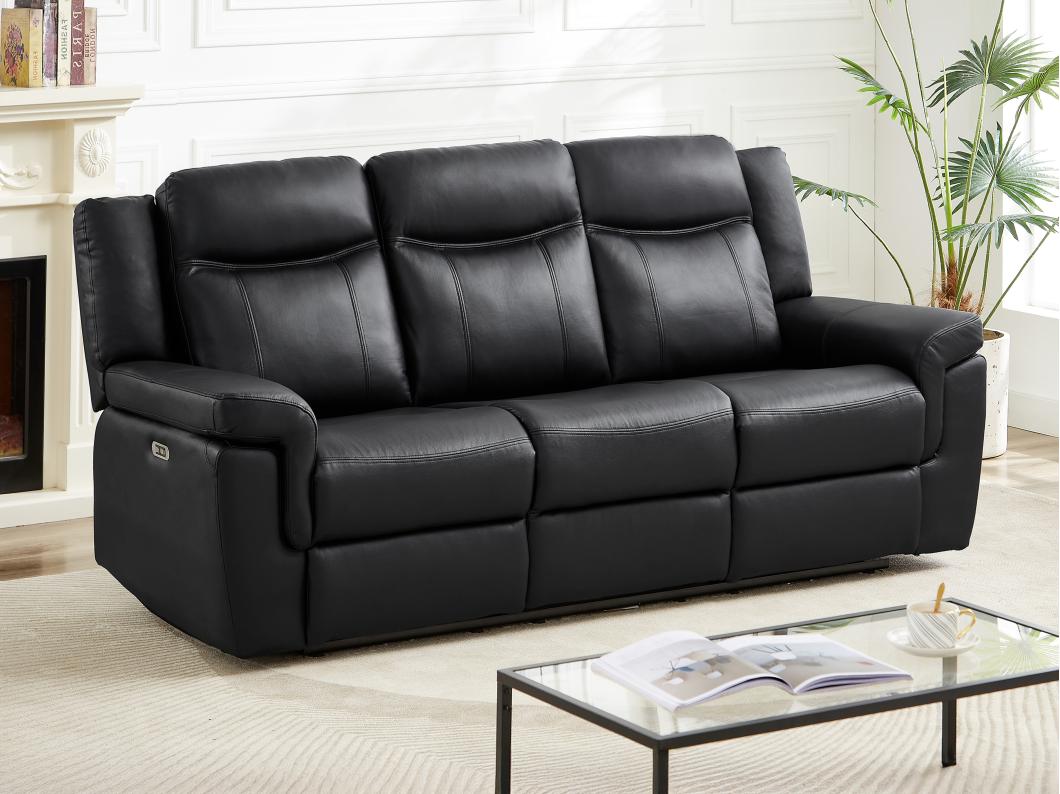 Relaxsofa elektrisch 3-Sitzer - Leder - Schwarz - mit Getränkehalter - KENNETH