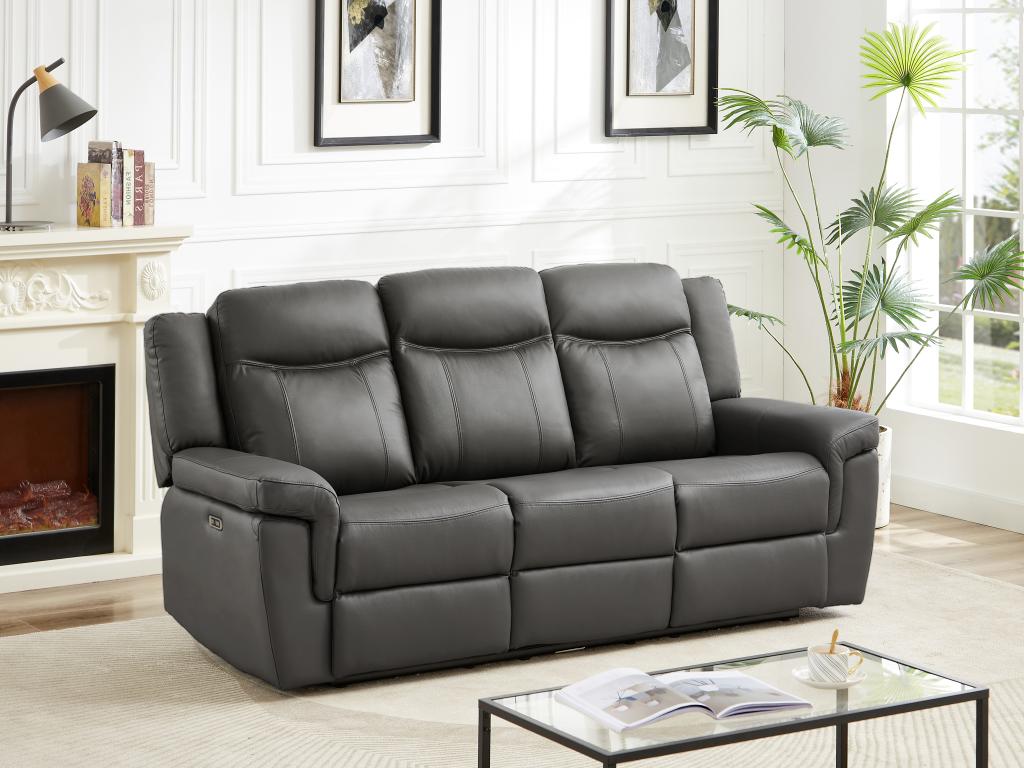 Relaxsofa elektrisch 3-Sitzer - Leder - Grau - KENNETH günstig online kaufen