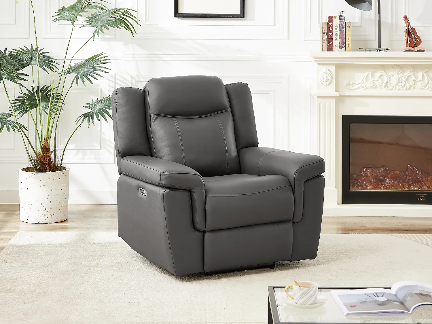 Fauteuil relax électrique en cuir gris KENNETH