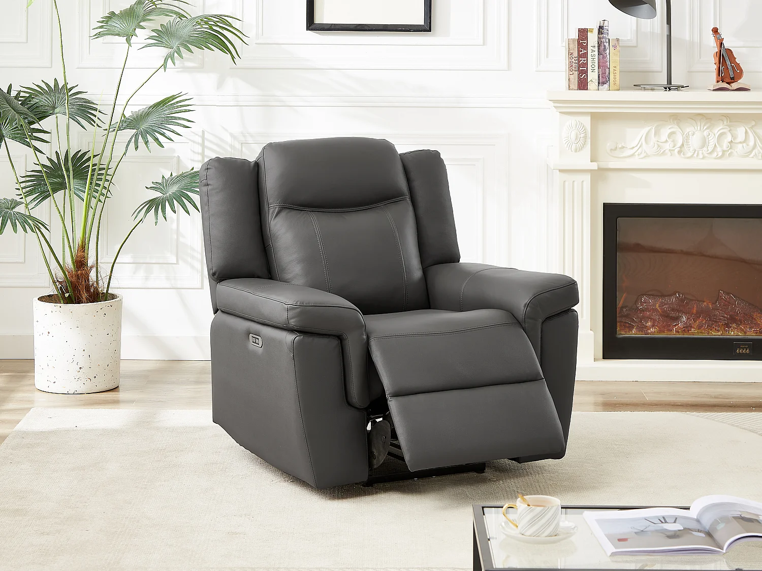 Elektrisk grå skinnfåtölj KENNETH