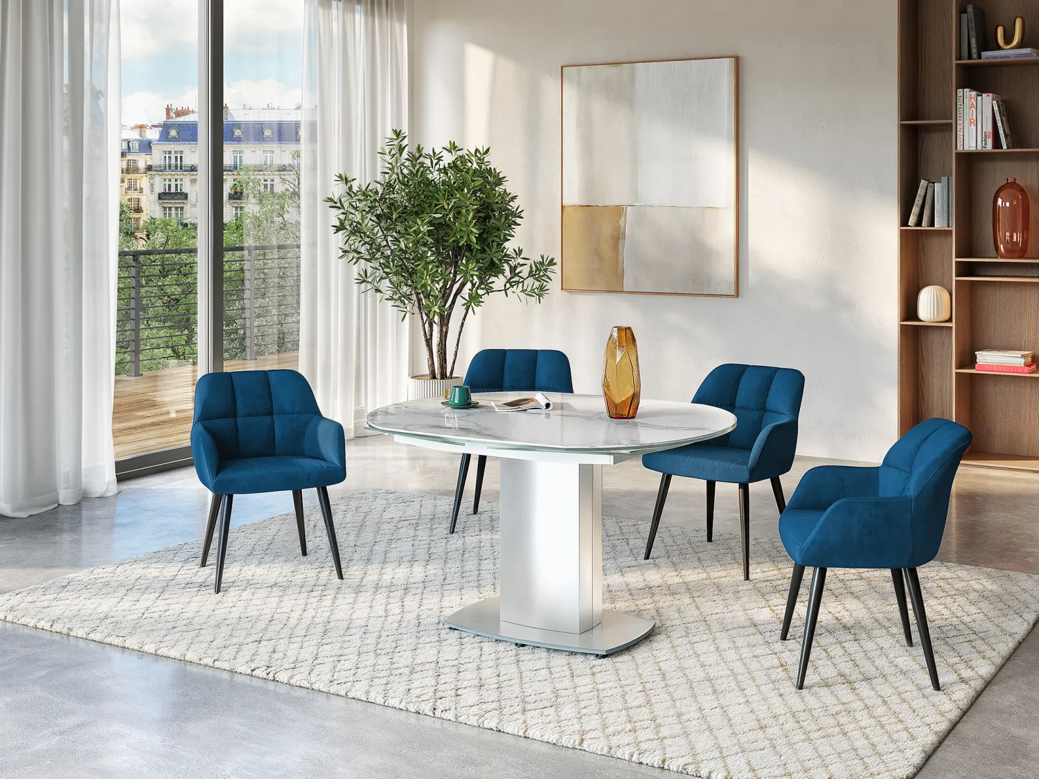 Table à manger extensible TALICIA - 4 à 6 personnes - Céramique et Acier - Effet Marbre