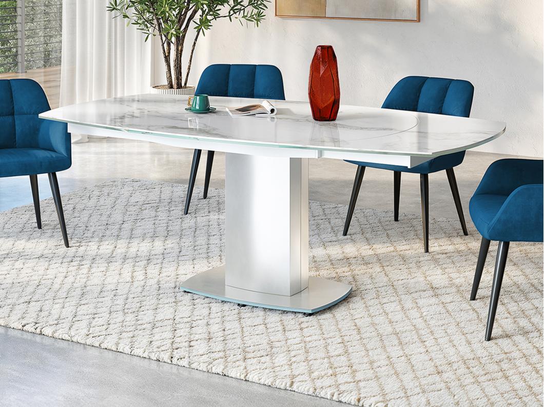 Table à manger extensible TALICIA - 4 à 6 personnes - Céramique et Acier - Effet Marbre