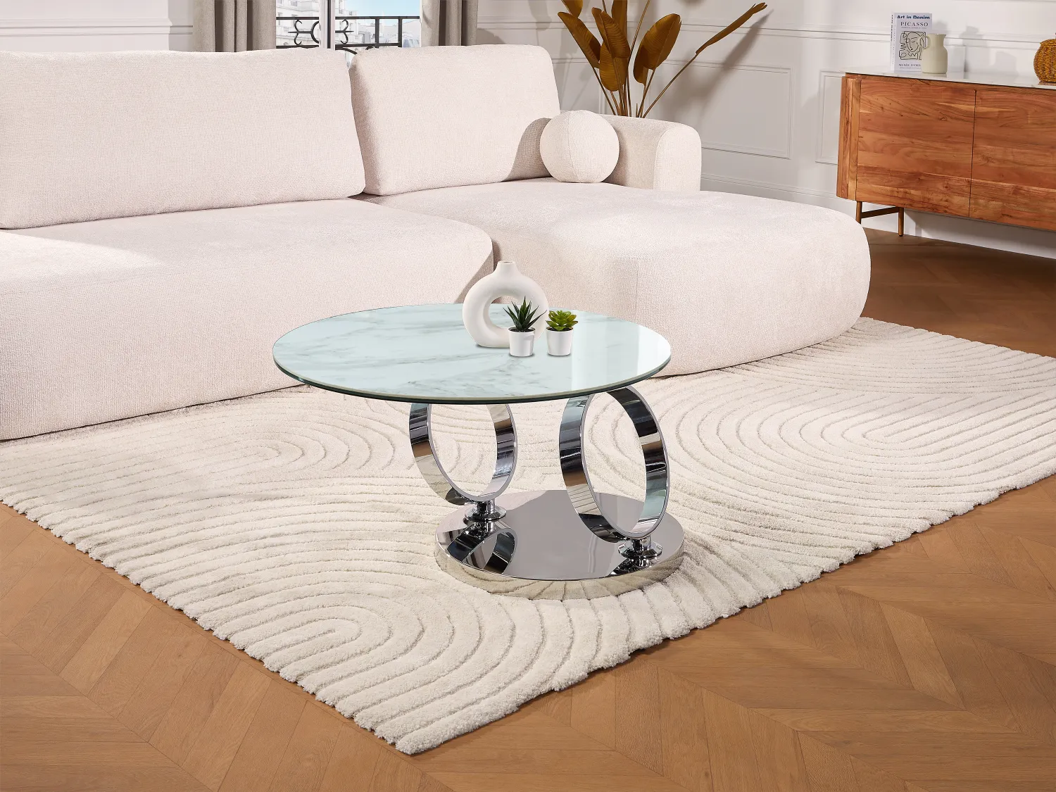 Mesa de centro con tableros pivotantes JOLINE - Cerámica y cristal templado - Blanco con efecto mármol