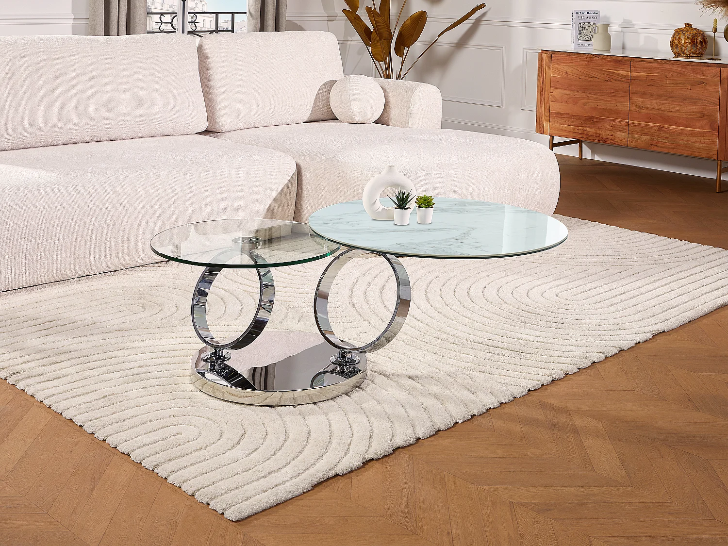 Couchtisch mit drehbaren Tischplatten - Keramik & Glas - Weiß mit Marmor-Effekt - JOLINE