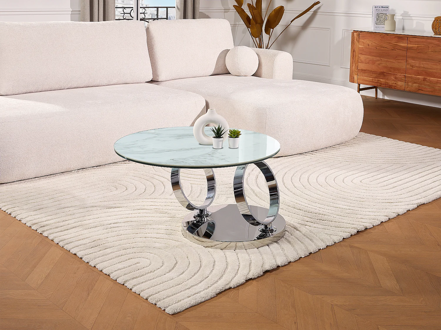 Salontafel met draaiblad JOLINE - Keramiek en gehard glas - Wit marmereffect