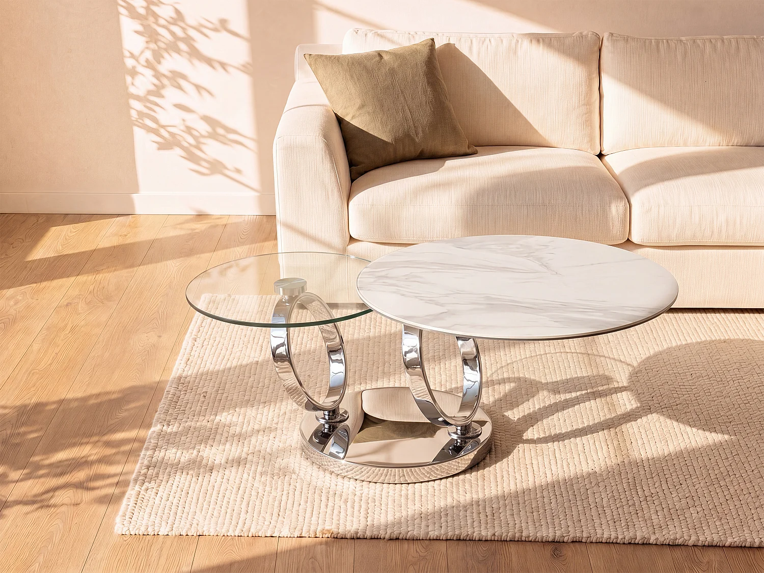 Couchtisch mit drehbaren Tischplatten - Keramik & Glas - Weiß mit Marmor-Effekt - JOLINE