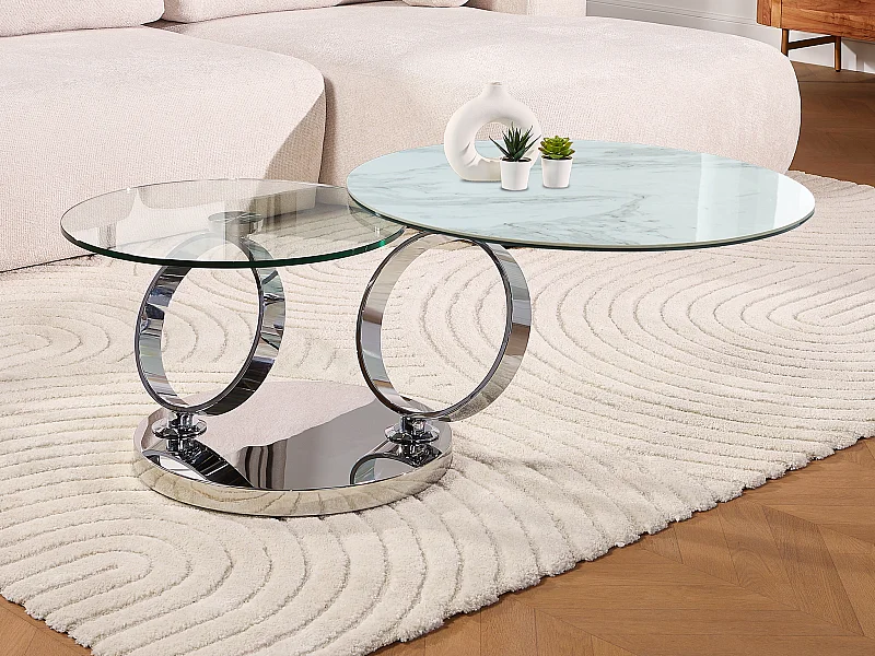 Table basse avec plateaux pivotants - Céramique, verre trempé et métal - Effet marbre blanc - JOLINE de Maison Céphy