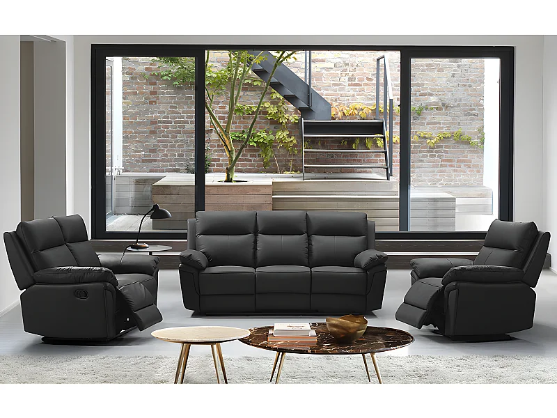 Sofá de 3+2+1 lugares relax em pele de búfalo Preto - PAKITA