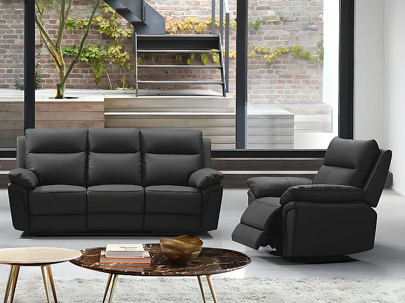 Canapé 3 places et un fauteuil relax en cuir de buffle PAKITA - Noir