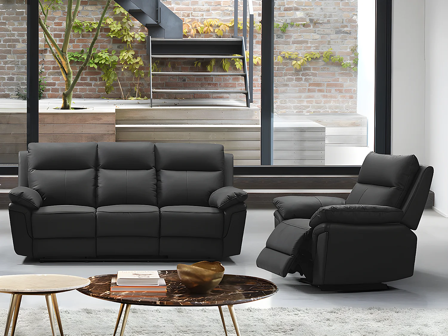 Canapé 3 places et un fauteuil relax en cuir de buffle PAKITA - Noir