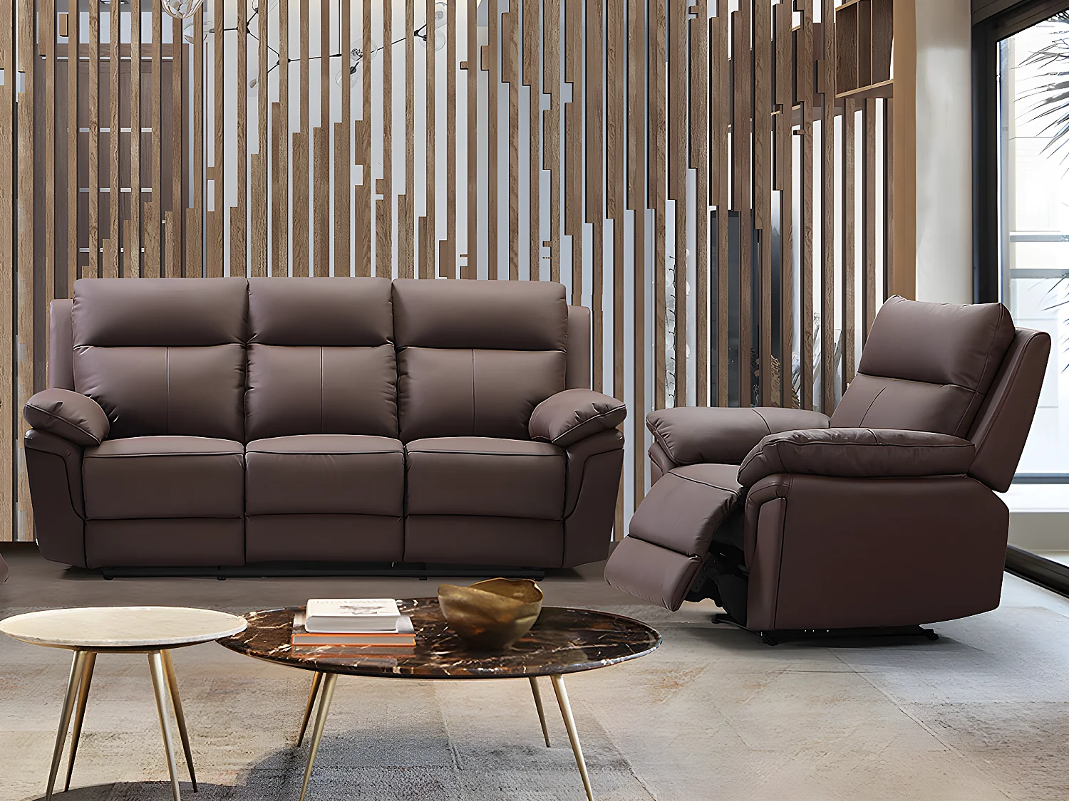 Canapé 3 places et un fauteuil relax en cuir de buffle PAKITA - Marron