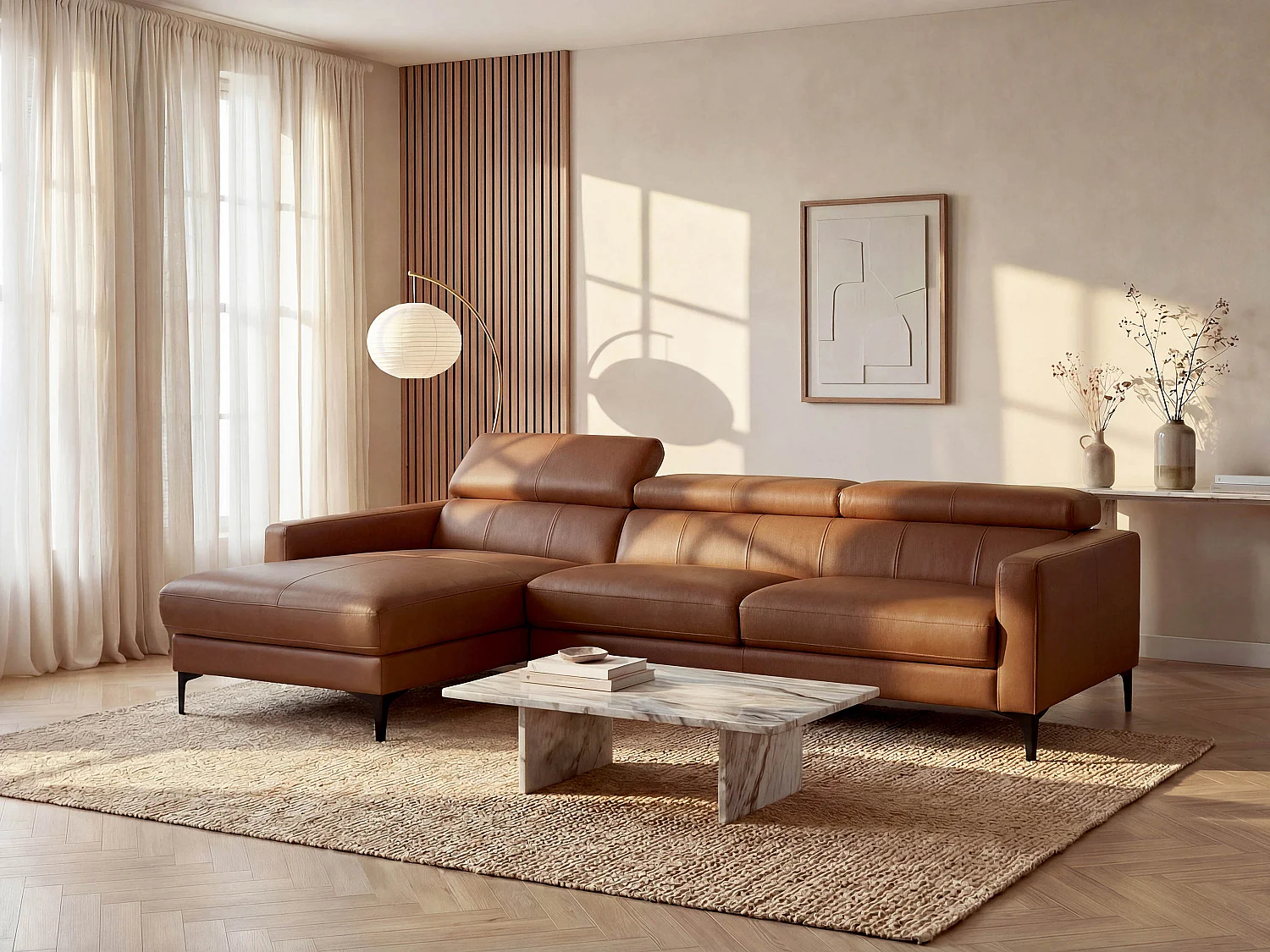 Hörnsoffa med schäslong vänsterställd camel buffelläder FLORENCE