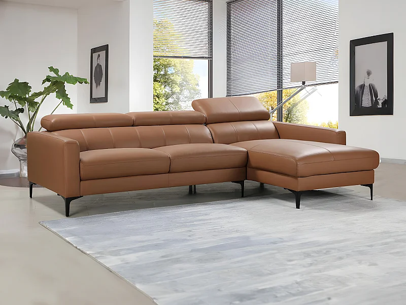 Kanapa narożna ze skóry bawolej FLORENCE - Kolor wielbłądzi - Narożnik prawostronny