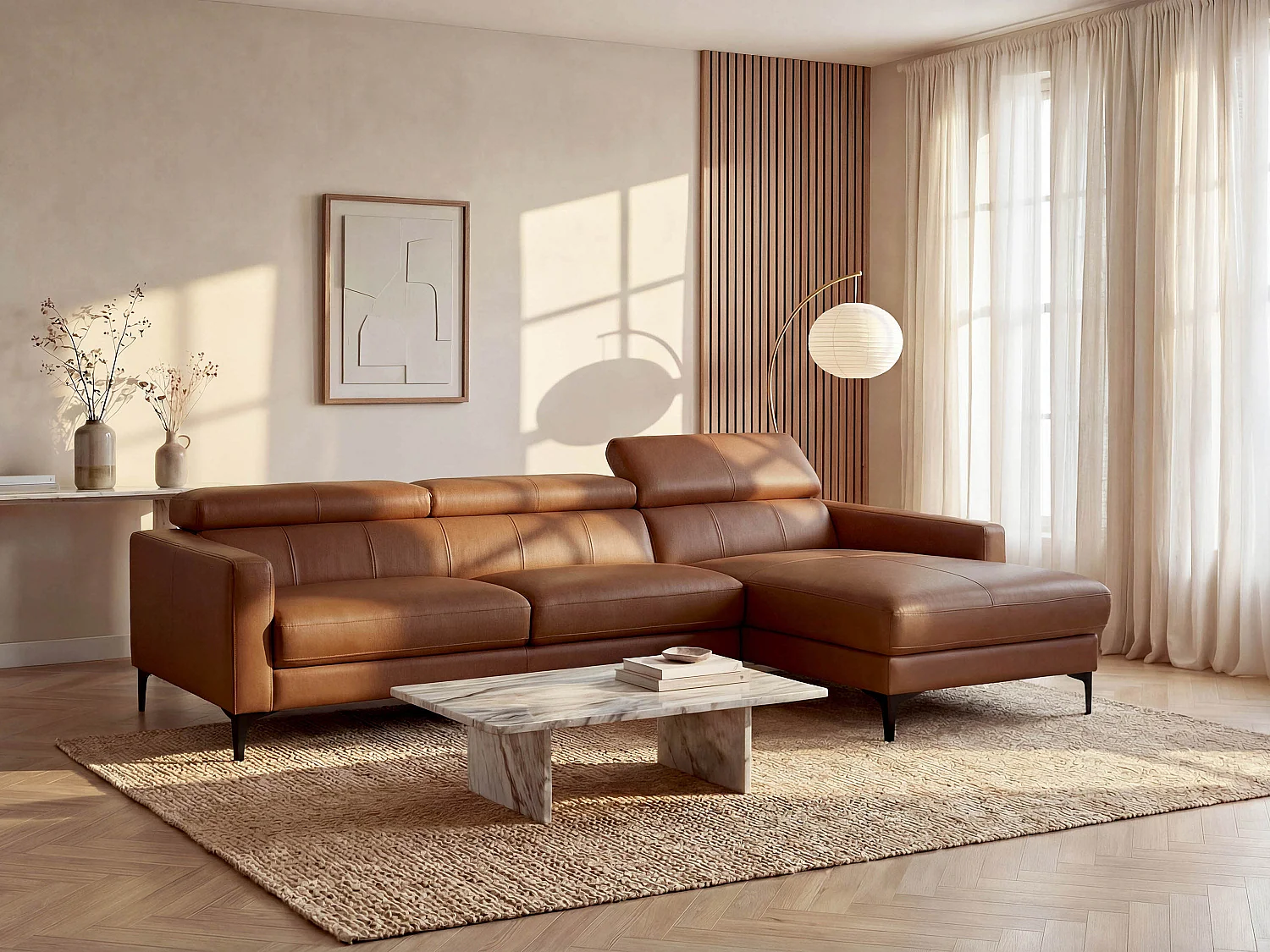 Canapé d'angle en cuir de buffle FLORENCE - Camel - Angle droit