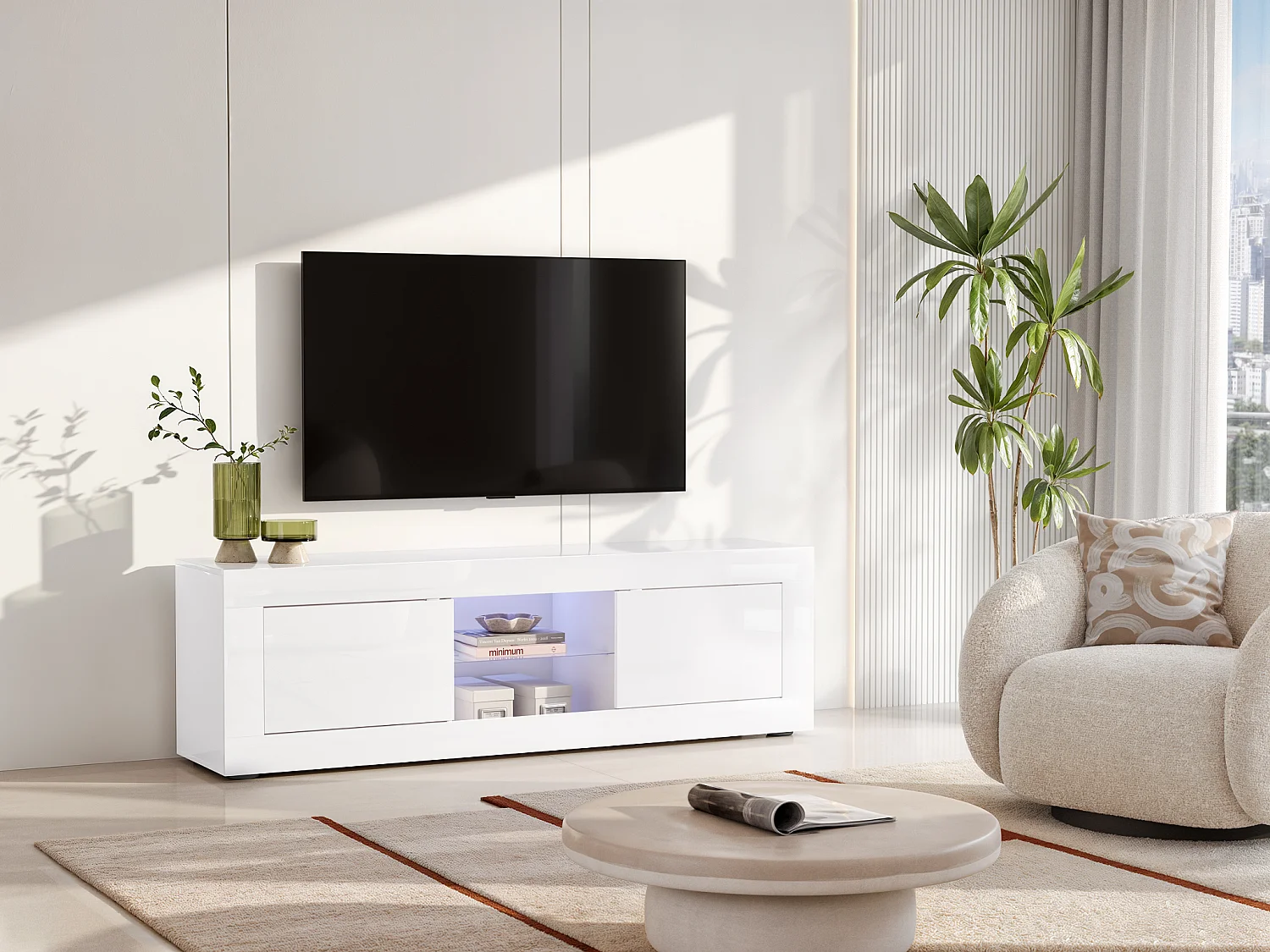 Meuble TV COMETE - LEDs - 2 portes - Blanc laqué