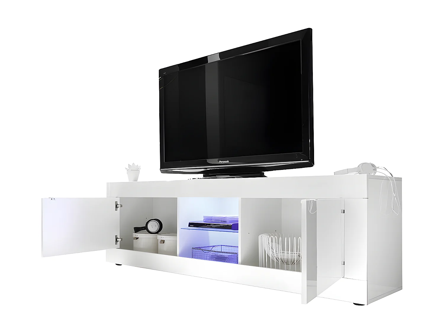 TV-bänk COMETE - LEDs - 2 dörrar - Vit högglans