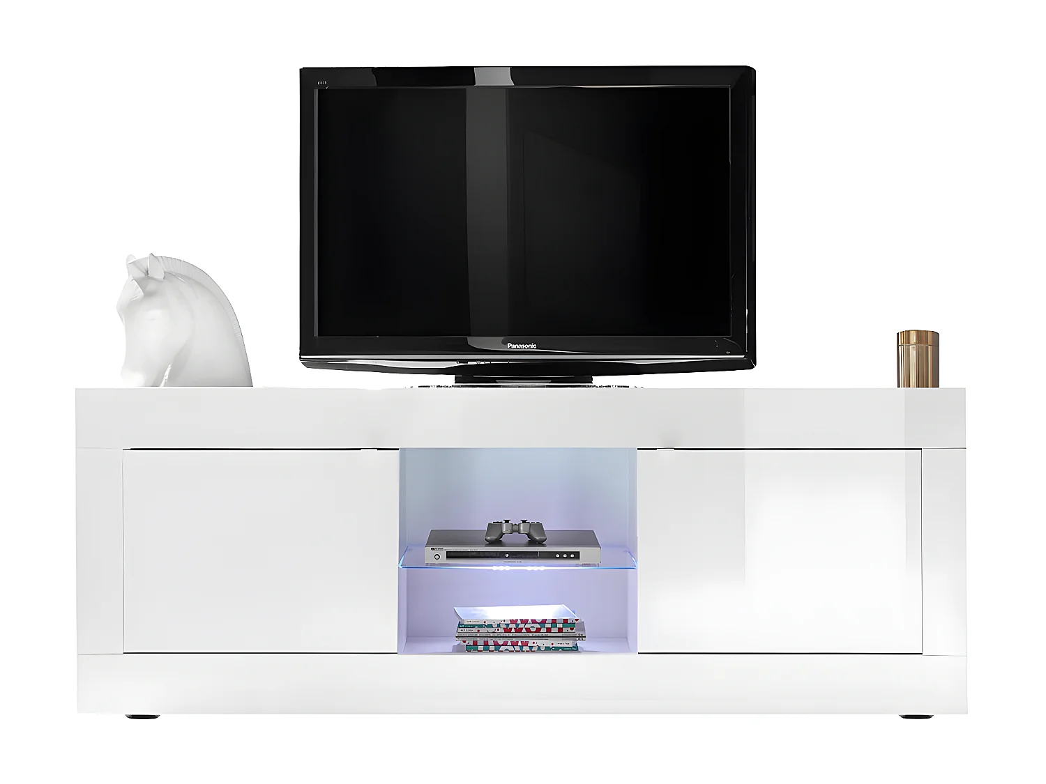 TV-bänk COMETE - LEDs - 2 dörrar - Vit högglans