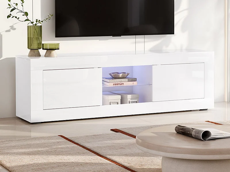 Tv-meubel COMETE - Met led-verlichting - Twee deuren - Wit gelakt