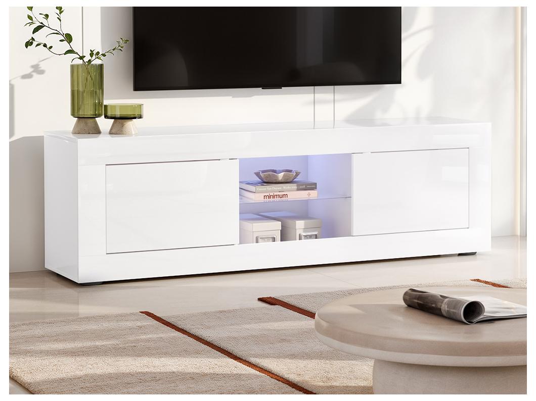 Meuble TV COMETE - LEDs - 2 portes - Blanc laqué