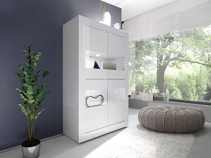 Vitrinenschrank mit LED-Beleuchtung + 4 Türen - Weiß lackiert - COMETE