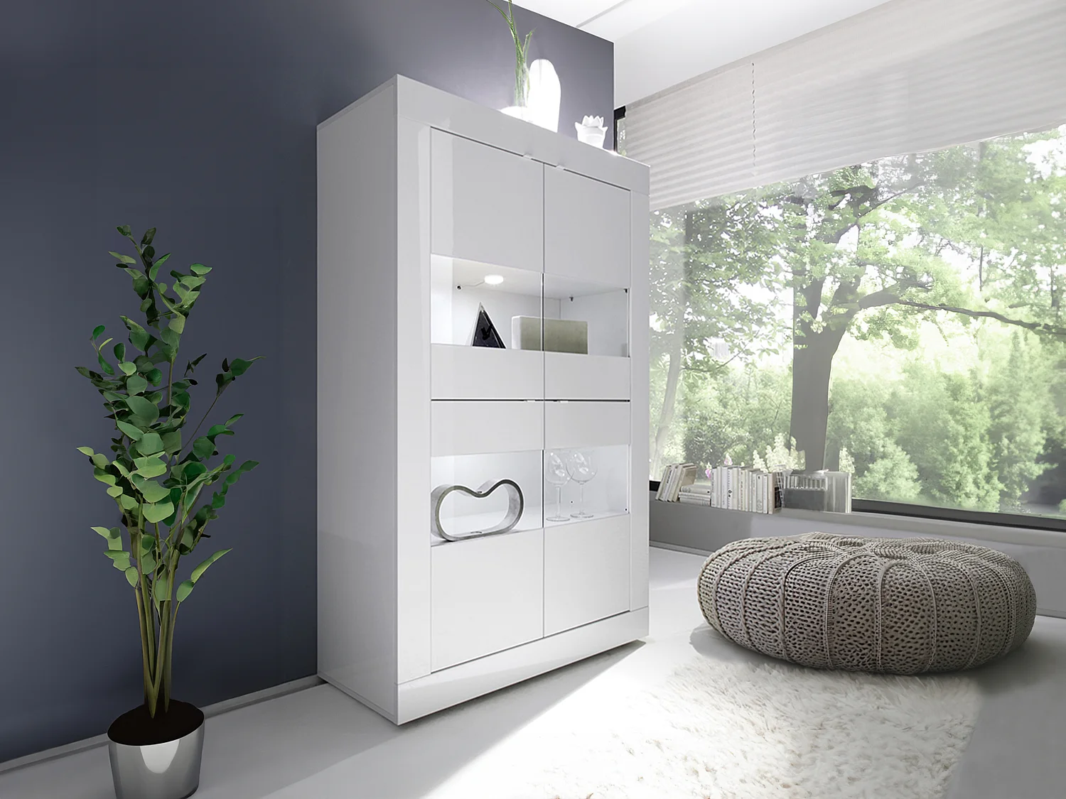 Vitrine COMETE - LEDs - 4 portes - Blanc laqué