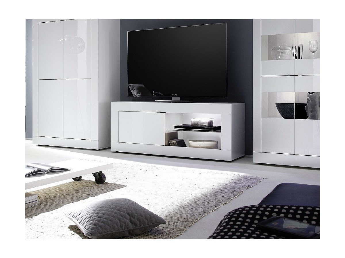 TV-Möbel mit LEDs COMETE - Weiß lackiert & Betonfarben