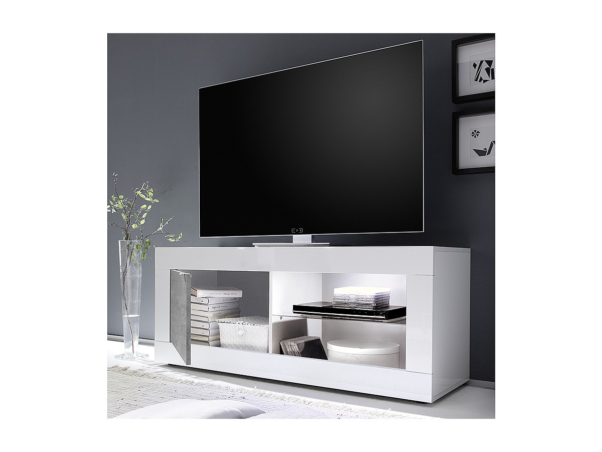 TV-Möbel mit LEDs COMETE - Weiß lackiert & Betonfarben