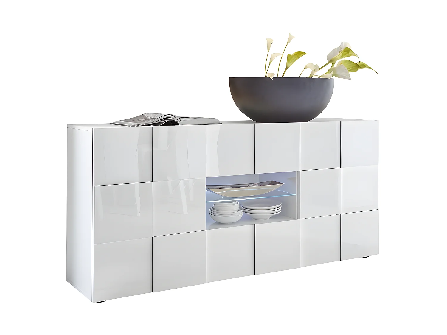 Buffetkast CALISTO - Met led-verlichting - Twee poorten en twee lades - Wit gelakt