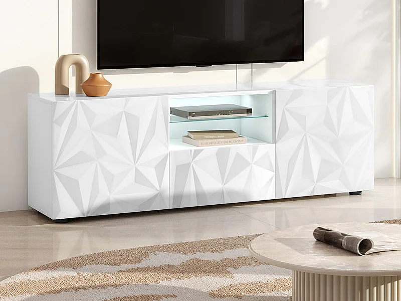 TV-Möbel mit 2 Türen & 1 Schublade + LED-Beleuchtung - Weiß lackiert - ERIS