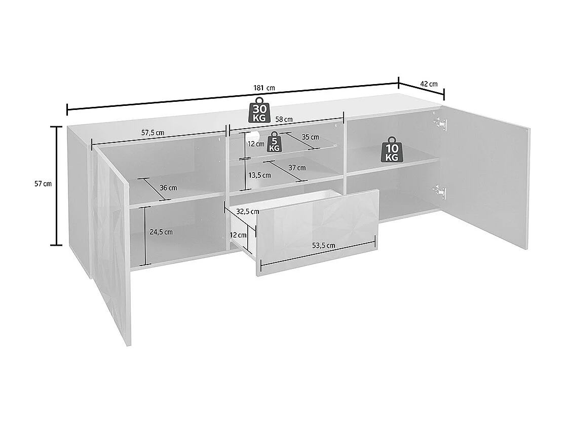 TV-Möbel mit 2 Türen & 1 Schublade + LED-Beleuchtung - Weiß lackiert - ERIS