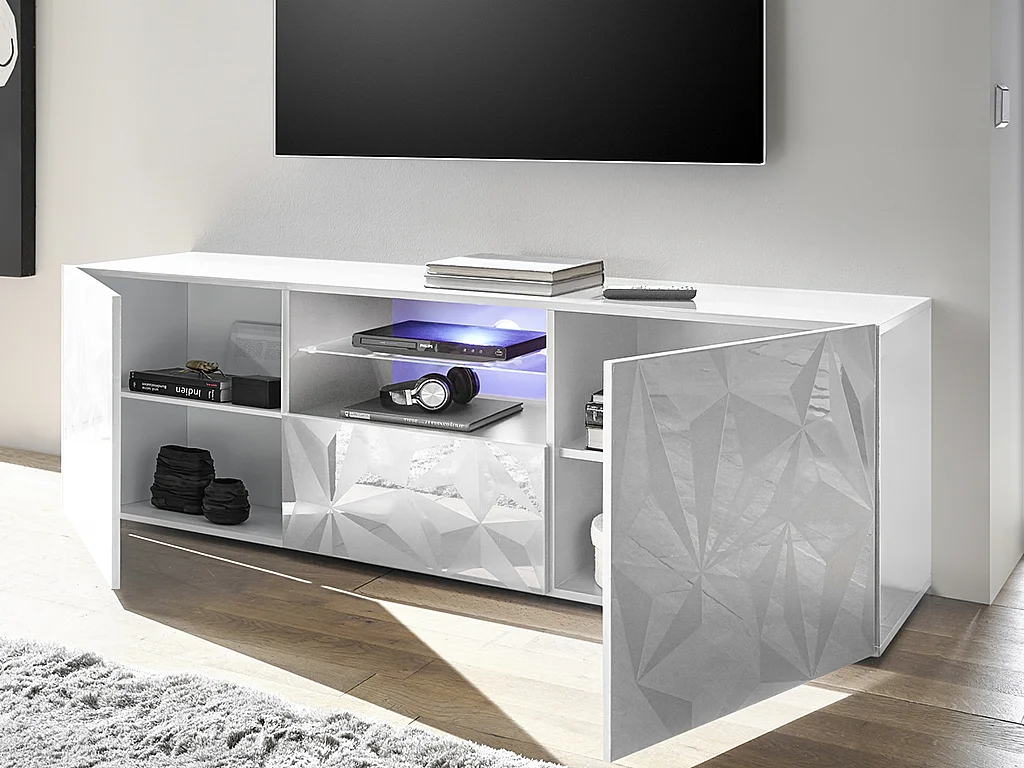 TV-Möbel mit 2 Türen & 1 Schublade + LED-Beleuchtung - Weiß lackiert - ERIS