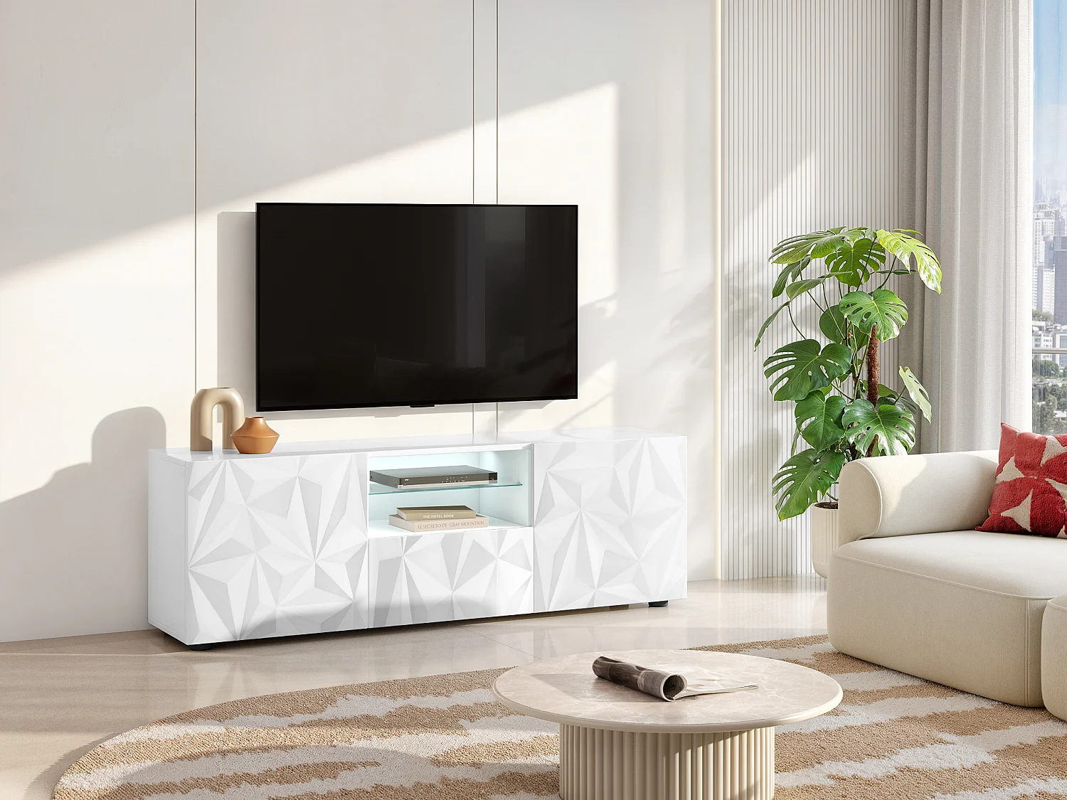 TV-Möbel mit 2 Türen & 1 Schublade + LED-Beleuchtung - Weiß lackiert - ERIS