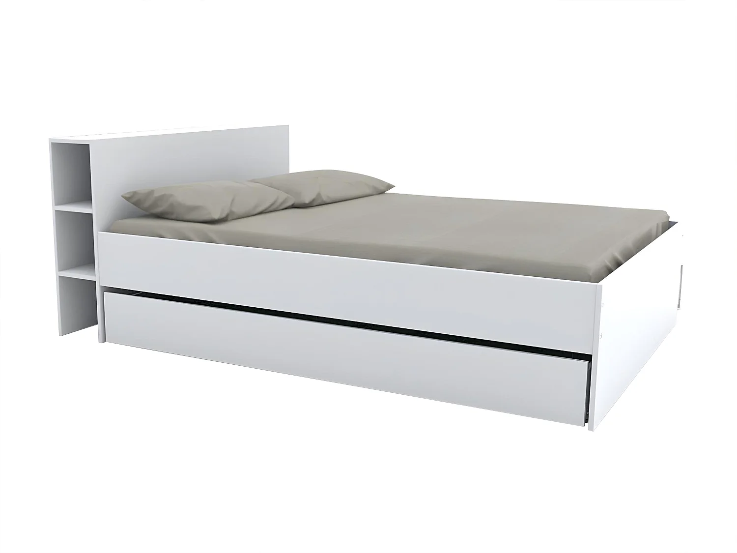 Lit avec tête de lit rangements et tiroirs 140 x 190 cm - Blanc - EUGENE