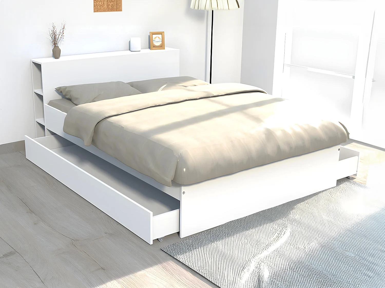 Lit avec tête de lit rangements et tiroirs 140 x 190 cm - Blanc - EUGENE