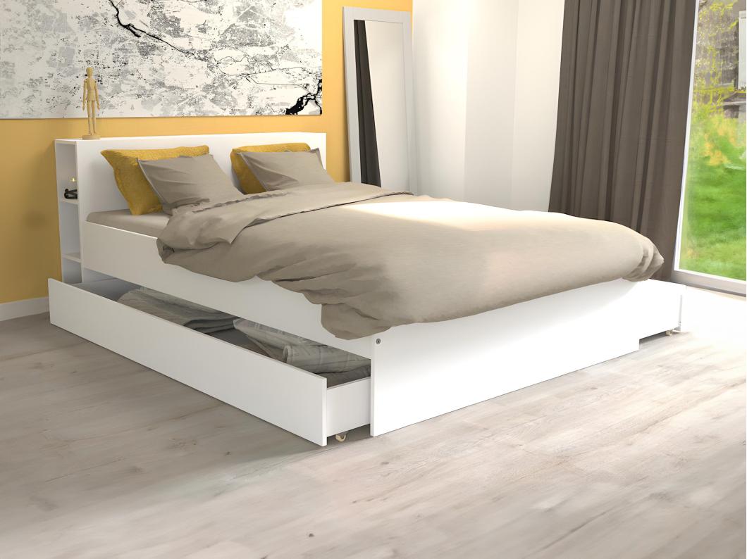 Bett mit Kopfteil & Stauraum & Schubladen - 140 x 190 cm - Weiß - EUGENE