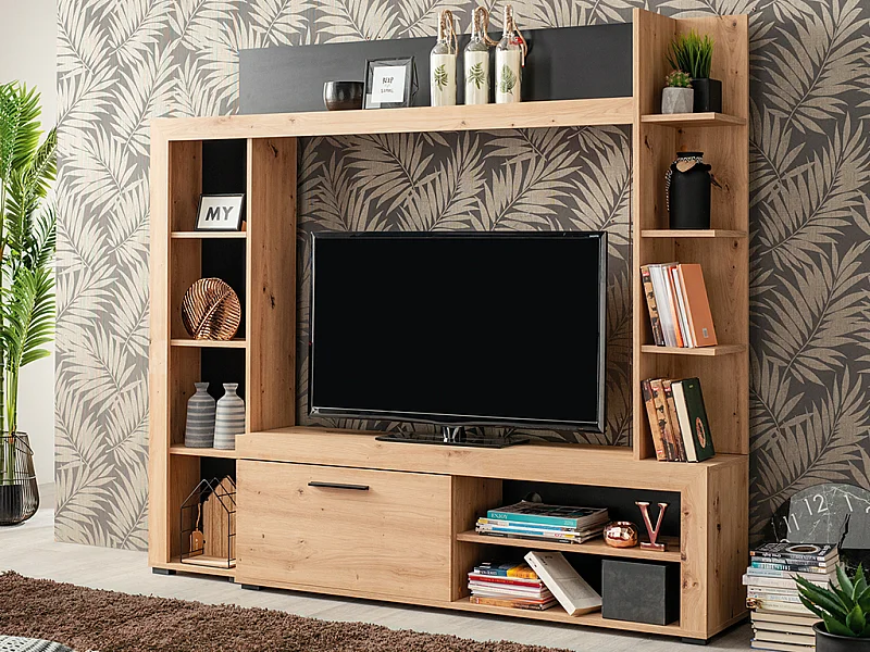 Mur TV BALTIMORE - Avec rangements - Coloris : Chêne & Anthracite 