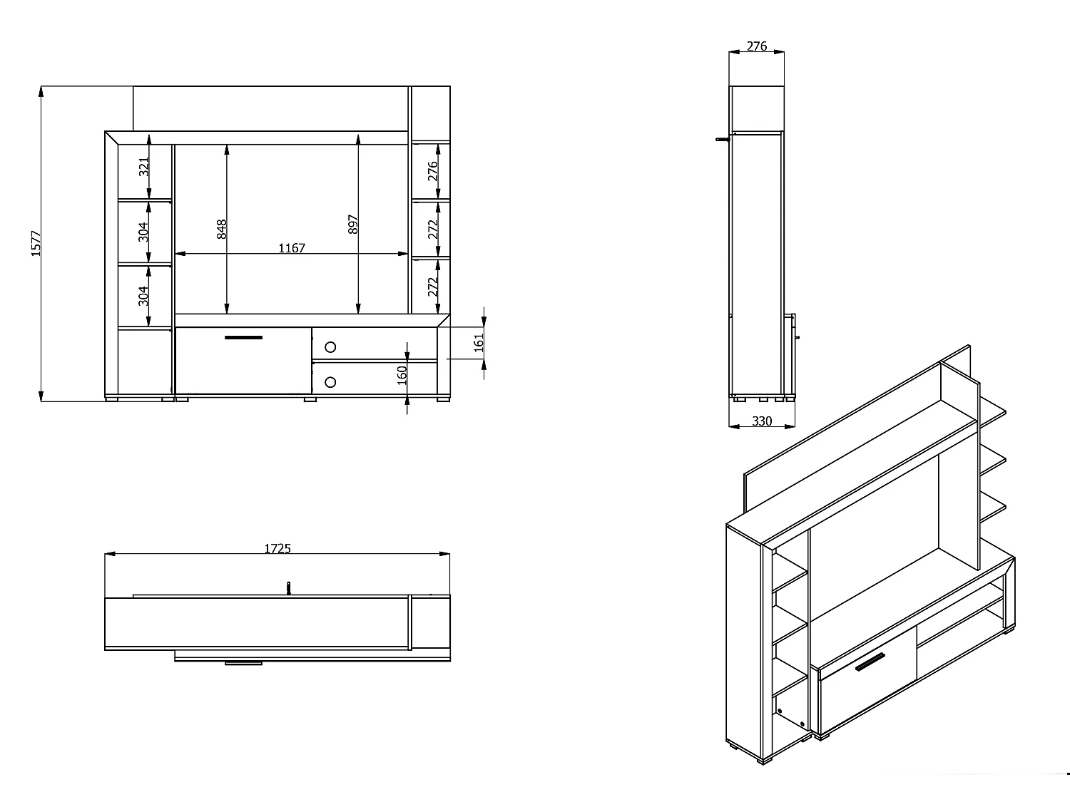 Mur TV BALTIMORE - Avec rangements - Coloris : Chêne & Anthracite 