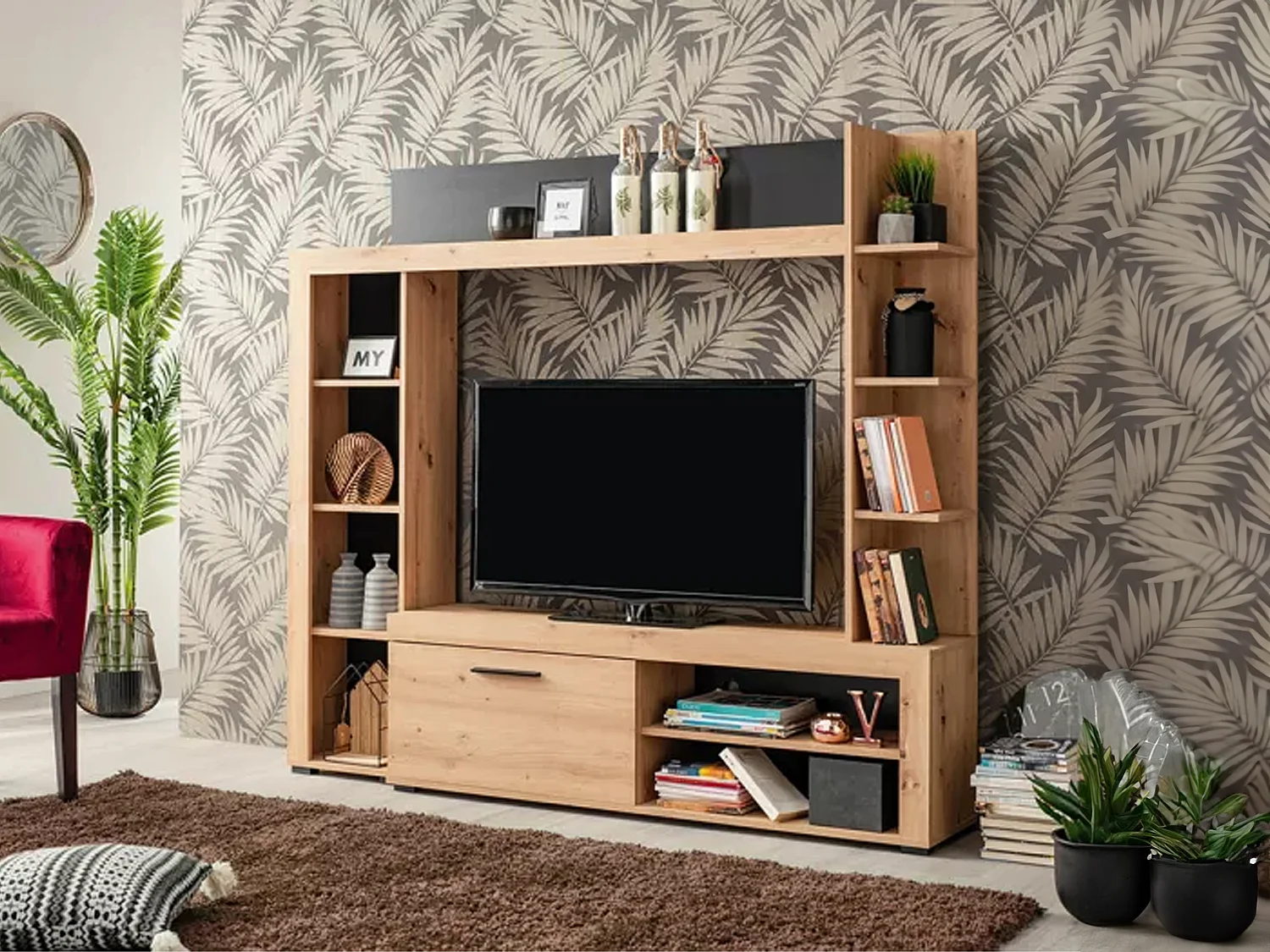 Mur TV BALTIMORE - Avec rangements - Coloris : Chêne & Anthracite 