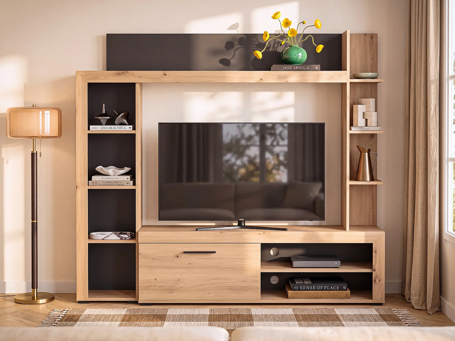 TV hutch with storage - Oak & anthracite - BALTIMORE