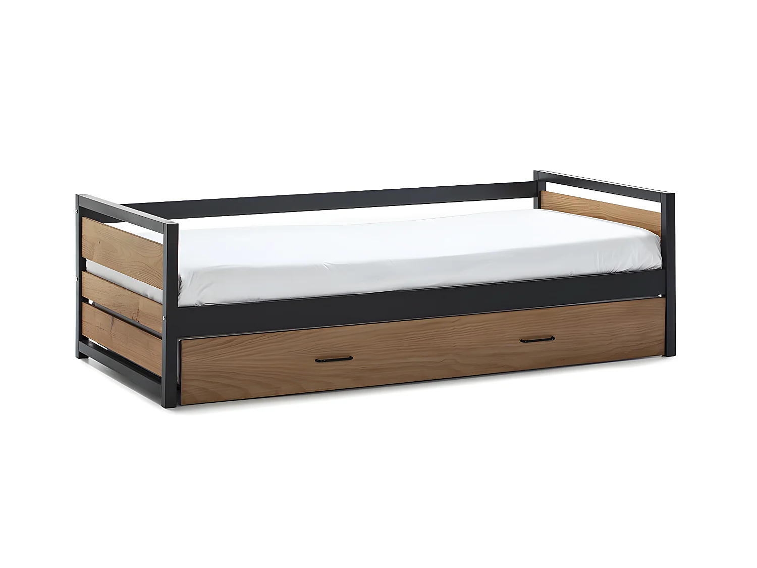 Lit gigogne industriel BOSTON - 2 x 90 x 190 cm - MDF, Pin et métal - Coloris : Noyer et anthracite + Matelas