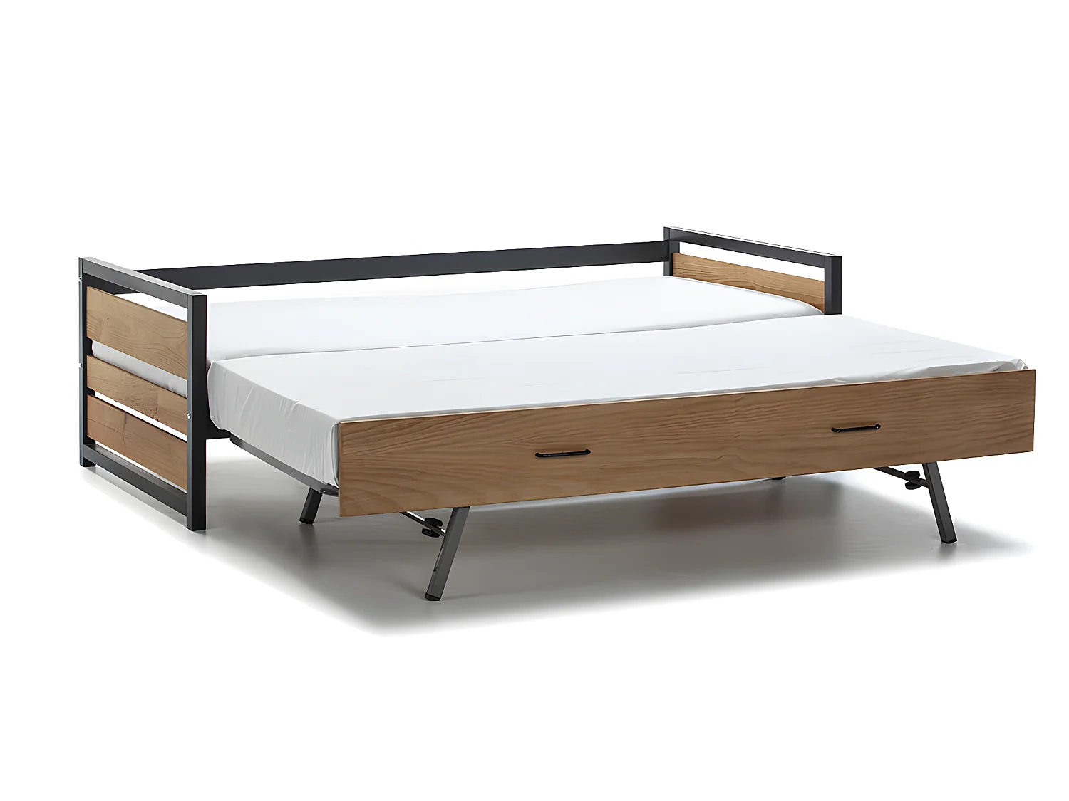Lit gigogne industriel BOSTON - 2 x 90 x 190 cm - MDF, Pin et métal - Coloris : Noyer et anthracite + Matelas