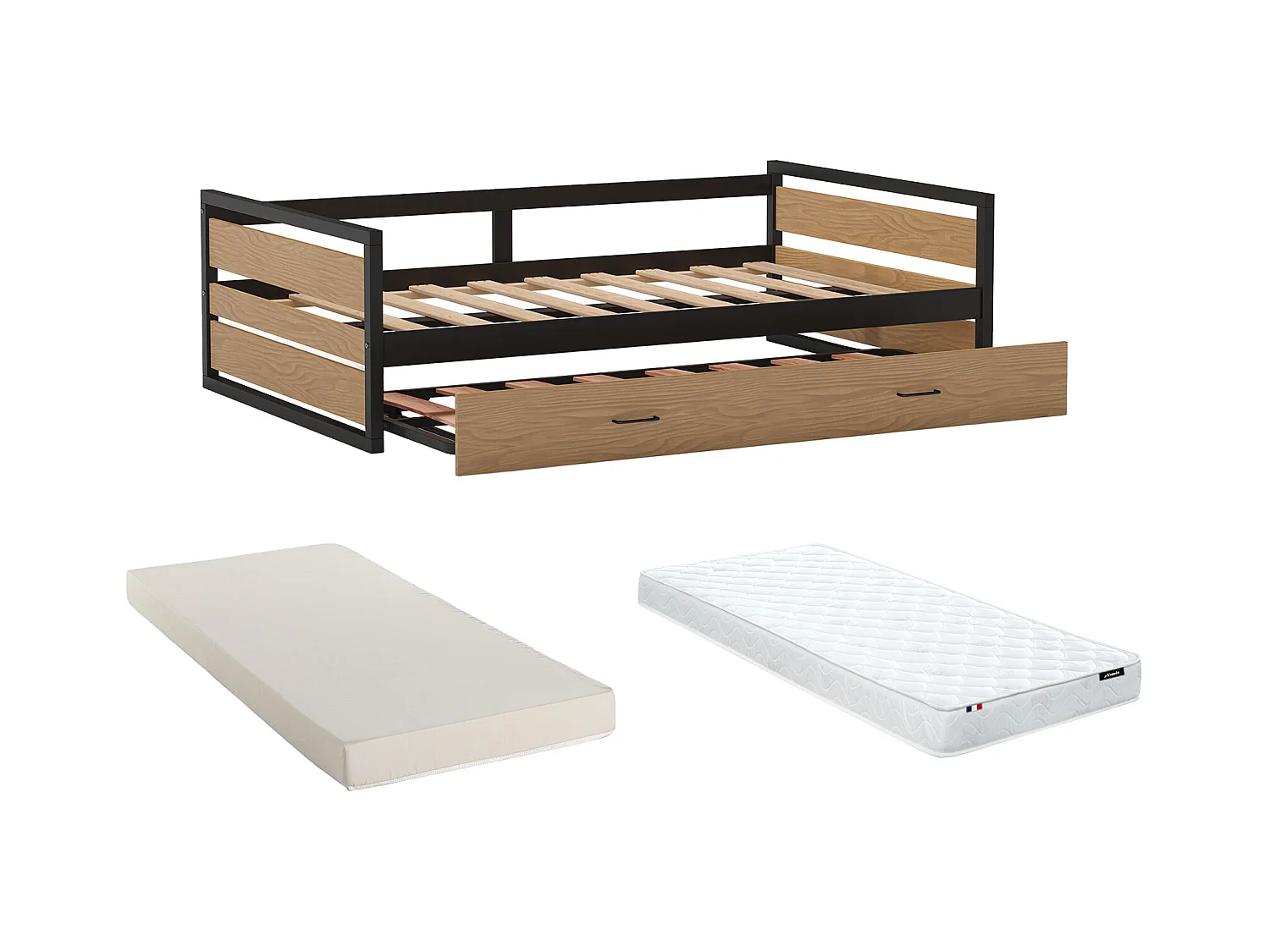 Lit gigogne industriel BOSTON - 2 x 90 x 190 cm - MDF, Pin et métal - Coloris : Noyer et anthracite + Matelas