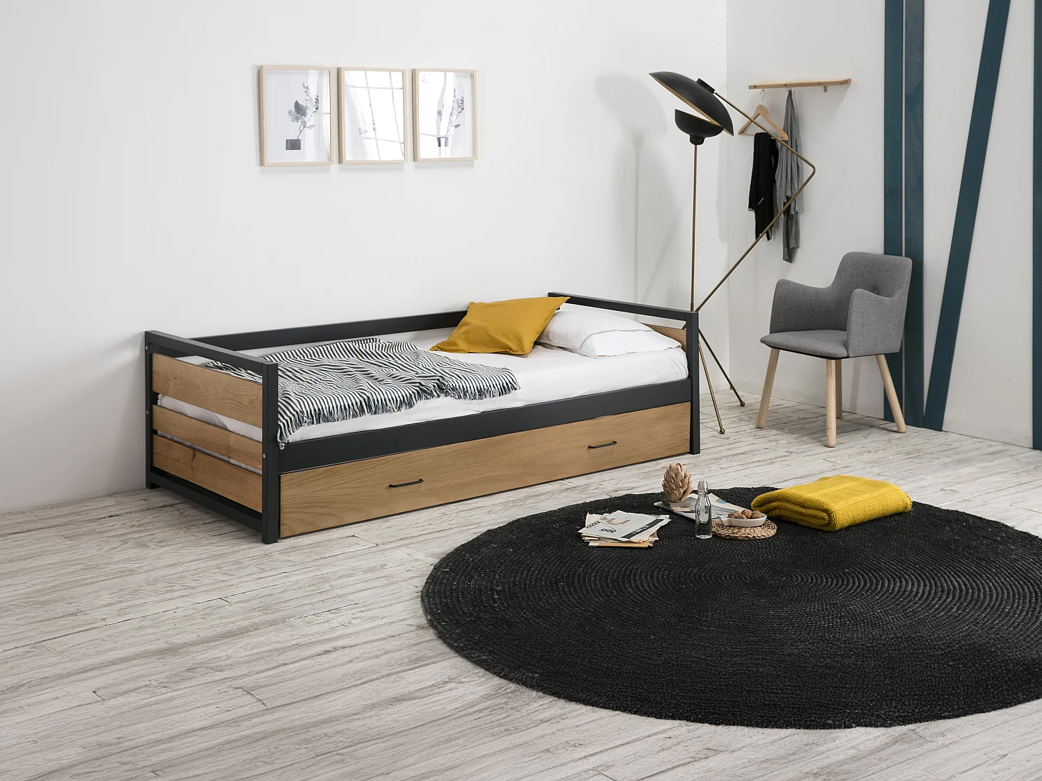 Lit gigogne industriel BOSTON - 2 x 90 x 190 cm - MDF, Pin et métal - Coloris : Noyer et anthracite + Matelas